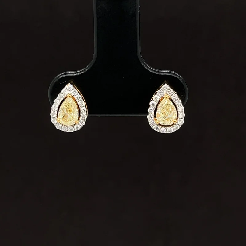 Wedding Earrings with Crystals-Fancy Yellow Diamond Raindrop Diamond Studs in 18k Two-Tone Gold - (#196 - ERDIA349952)