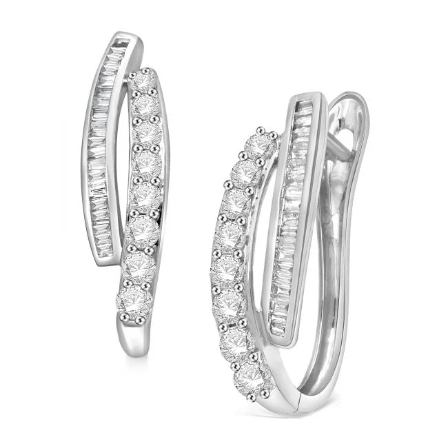 Designer Earrings for Women-1 CTW Diamond Hoop Earrings in 10KT White Gold