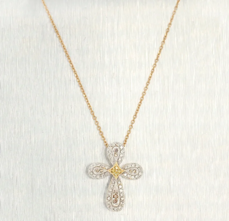 Vintage 0.30ctw Diamond Cross Pendant - 14k White & Yellow Gold - 19" Necklace