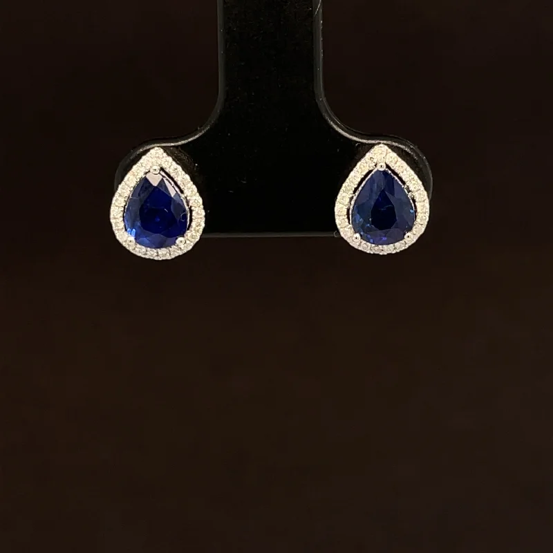 Classic Diamond Earrings-Raindrop Sapphire & Diamond 1.56ctw Halo Stud Earrings in 18k White Gold - #390 - ERSAP093668