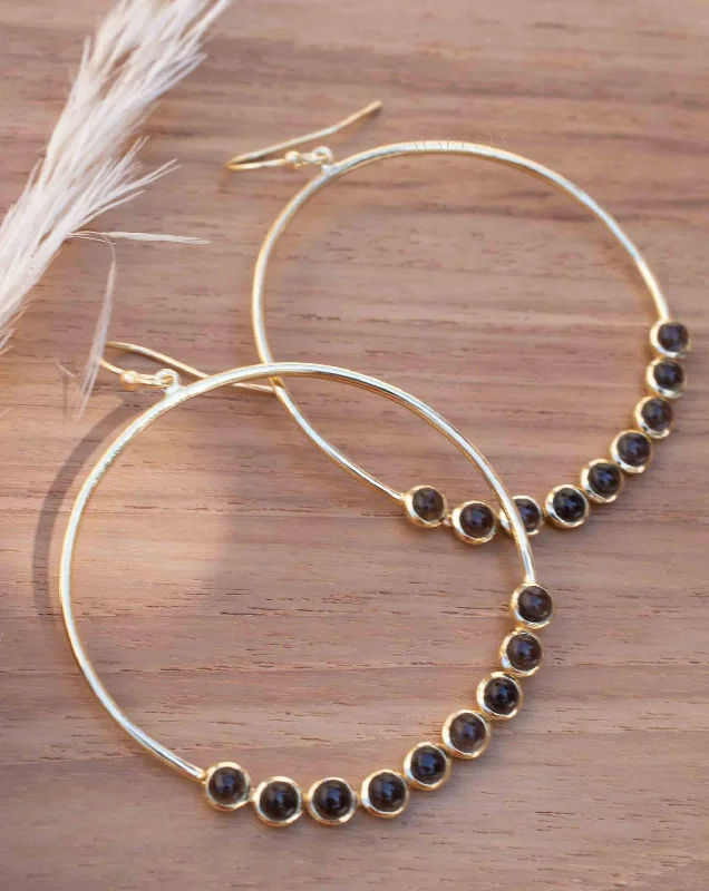 Ethnic Earrings for Women-Smoky Quartz Large Round 18k Gold Plated Earrings ~ ME209