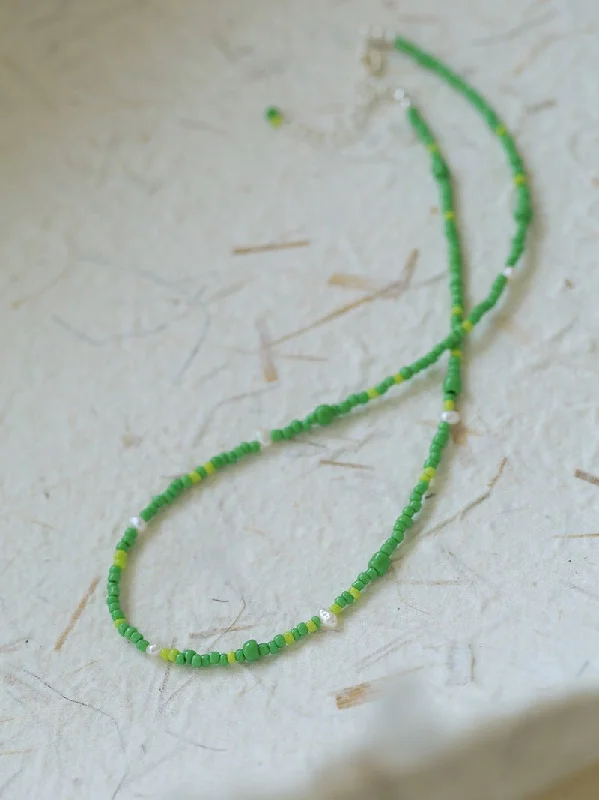 Green Ceramic Rice Bead and Pearl Bead Necklace