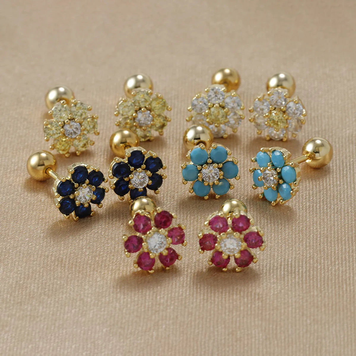 Vintage Wedding Earrings-1 Pair Sweet Flower Plating Inlay Stainless Steel Zircon Ear Studs