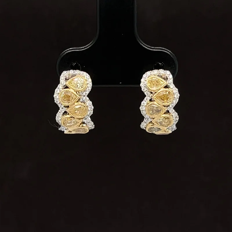 Funky Earrings for Teens-Yellow & White Diamond Half-Hoop Wreath Leaf Earrings in 18k Two-Tone Gold - #585 - ERDIA355796