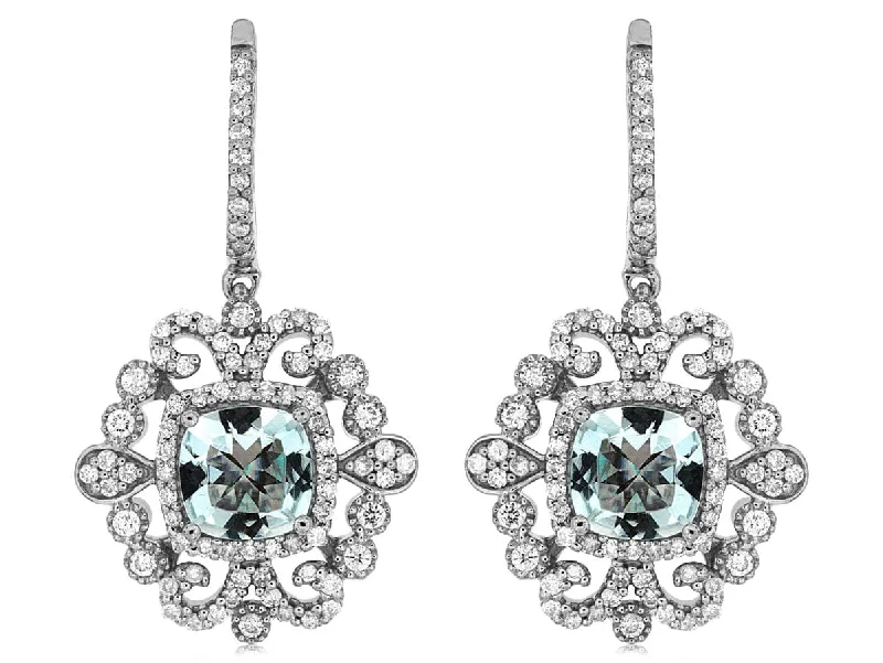 Designer Earrings for Women-14K White Gold Aquamarine & Diamond Dangle Earrings