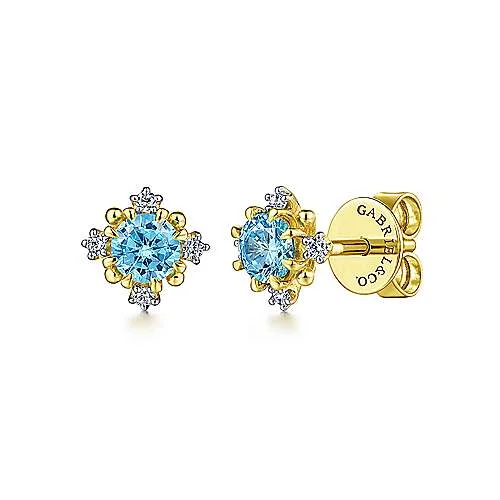 Silver Earrings with Crystals-14K Yellow Gold Round Swiss Blue Topaz and Diamond Stud Earrings