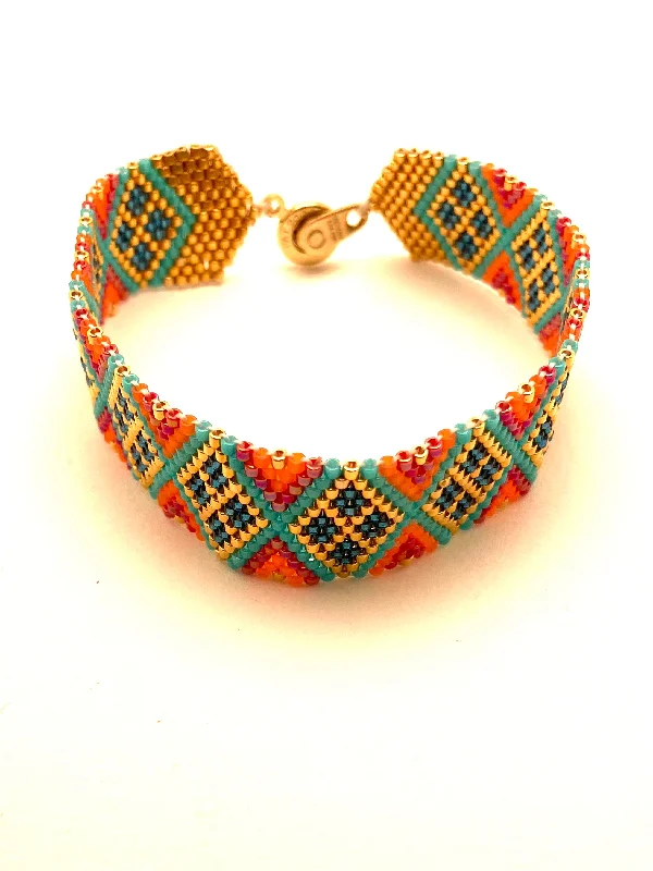 Sparkling Gold Bracelet for Women-Beaded Chevron Bracelet, Turquoise and Orange