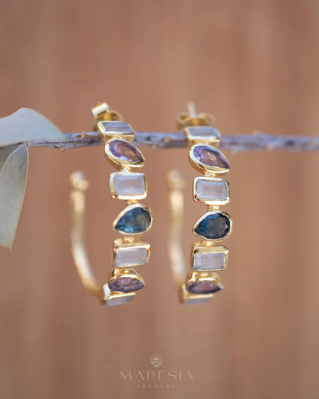 Fashionable Stud Earrings-Mary Earrings ~ Moonstone, Amethyst and Iolite hydro ~ 18k Gold Plated Earrings ~ ME008