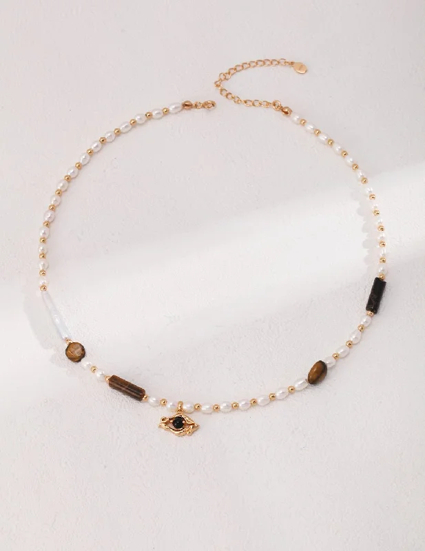 Vintage Gold Pearl Tiger Eye Beaded Necklace with Eye Pendant