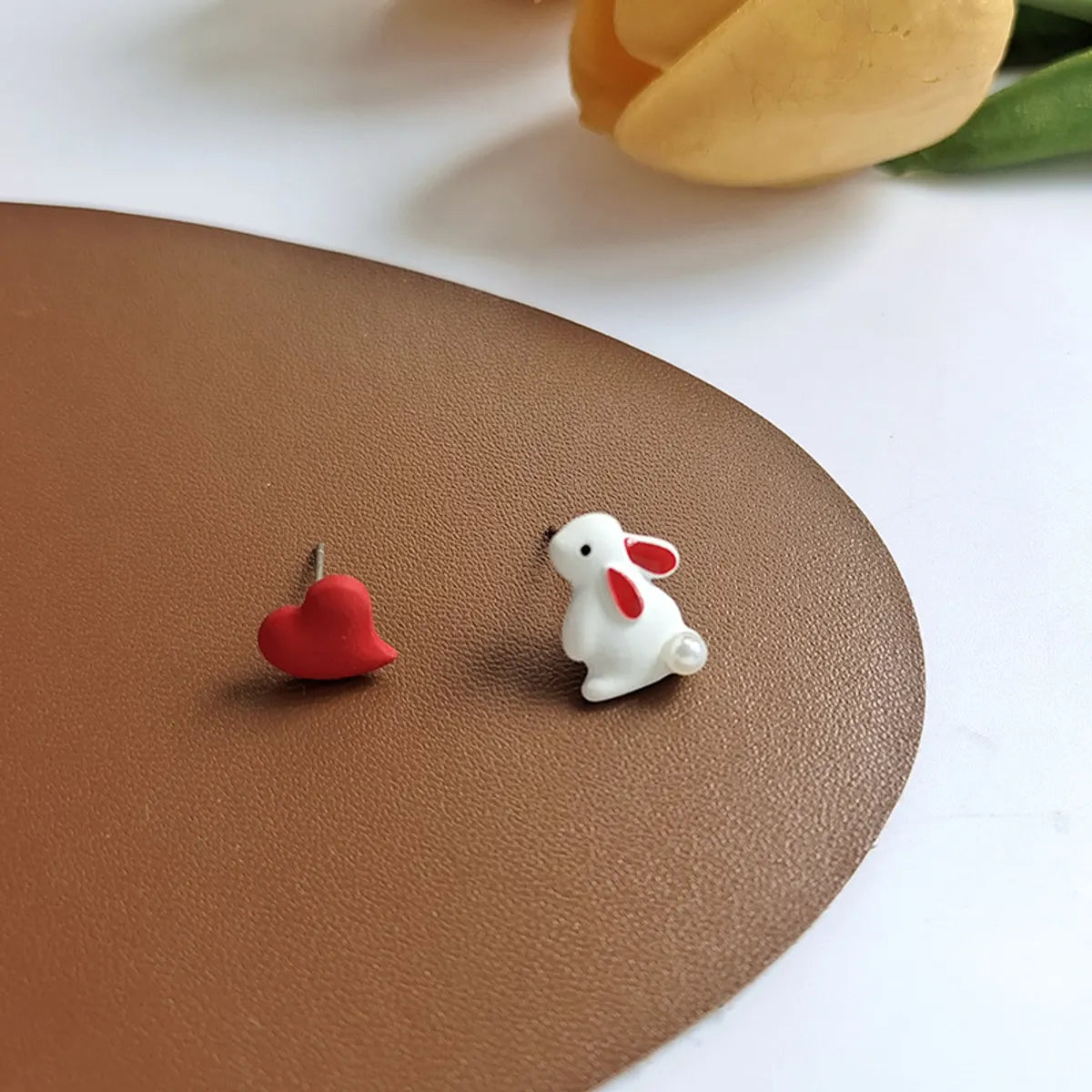 Gold Plated Earrings-1 Pair Fashion Rabbit Heart Shape Imitation Pearl Alloy Asymmetrical Enamel Stoving Varnish Women's Ear Studs