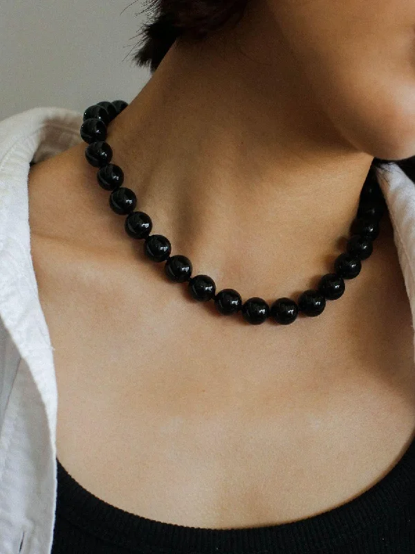 Knotted 12mm Black Agate Beaded Necklace