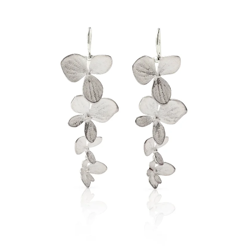 Wedding Earrings with Silver-Silver Four-Part Hydrangea Drop Earrings