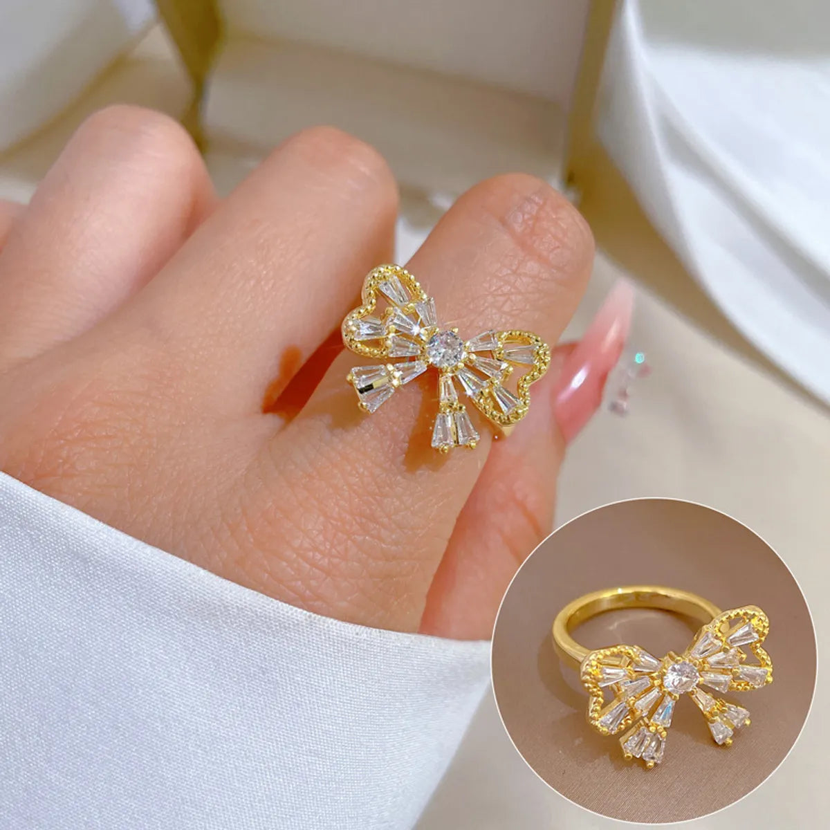 Custom Engagement Ring for Bride-Simple Style Bow Knot Brass Zircon Open Ring In Bulk