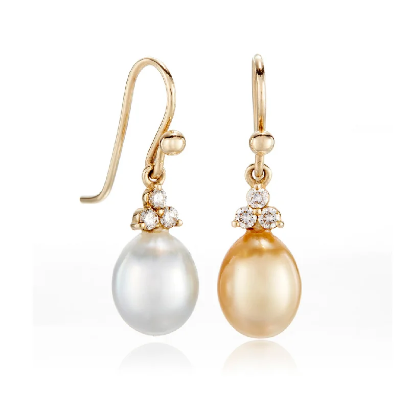 Sterling Silver Earrings for Women-Madison Drop Earrings in White/Gold Keshi Pearls & Diamonds