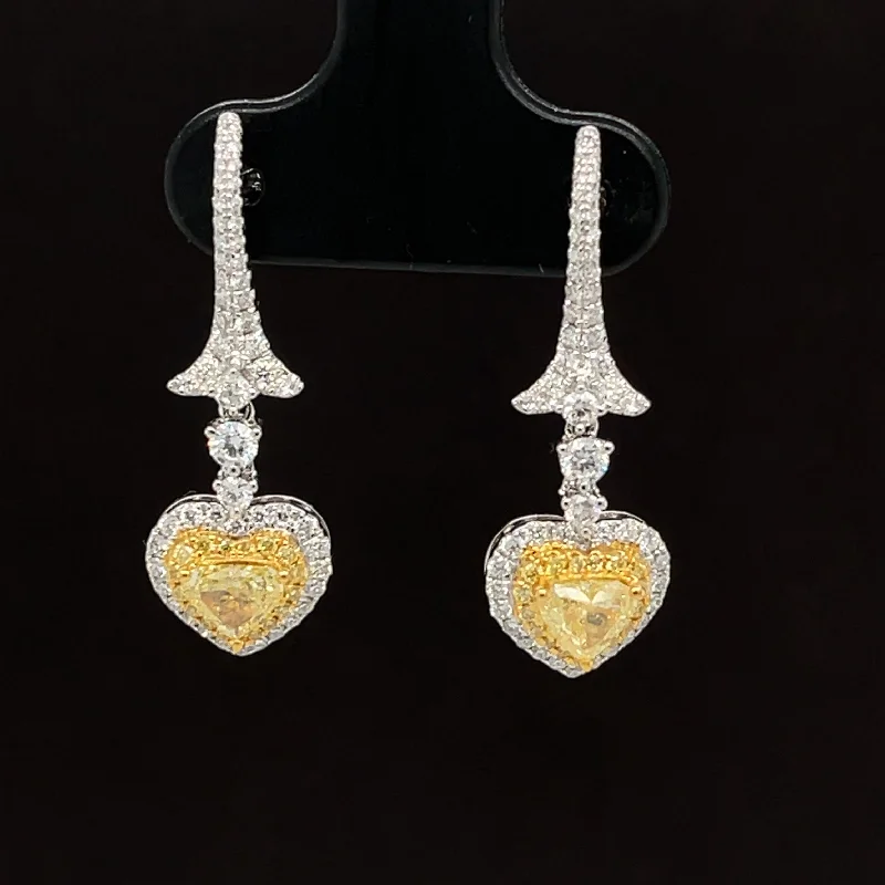 Unique Earrings for Bridesmaids-Yellow & White Diamond 1.20ctw Vintage Heart Dangle Earrings in 18k Two-Tone Gold - #339- ERDIA353330