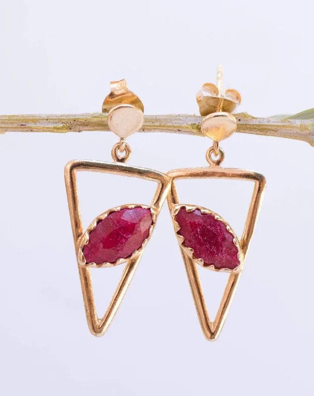 Stylish Hoop Earrings-Aqua Chalcedony, Ruby, Blue Chalcedony, Rose quartz Triangle Earrings ~ Gold Vermeil (Gold Plated over Sterling Silver) ~ME061