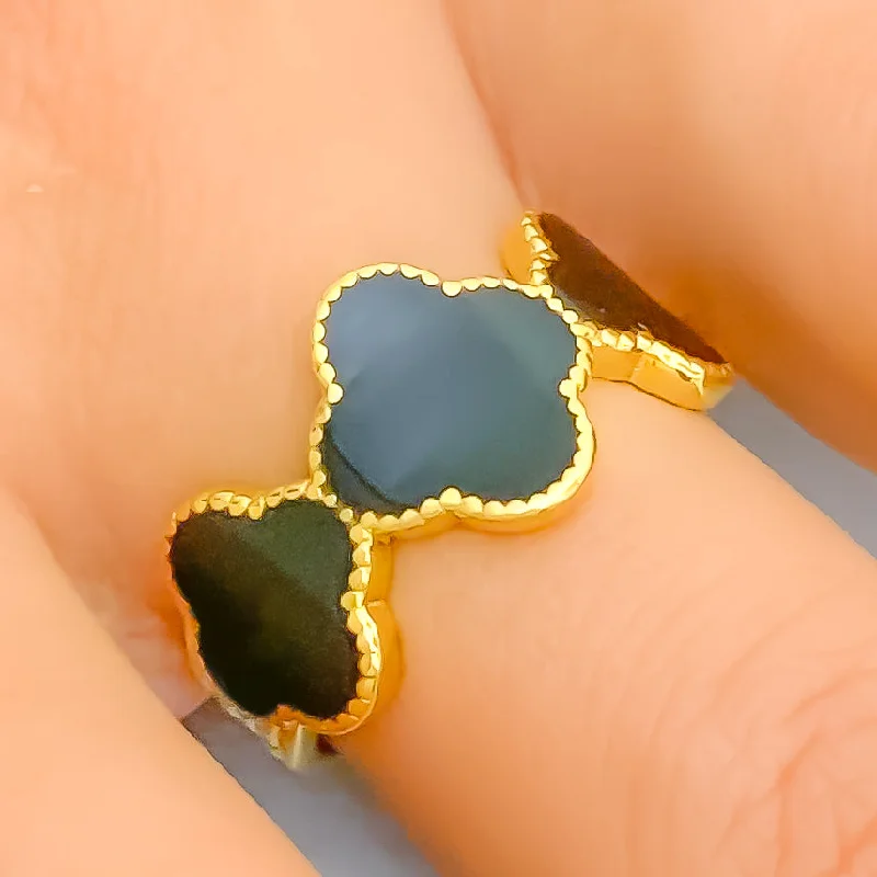 Men's Engagement Ring with Diamonds-Modern Opulent 21K Gold Clover Enameled Ring