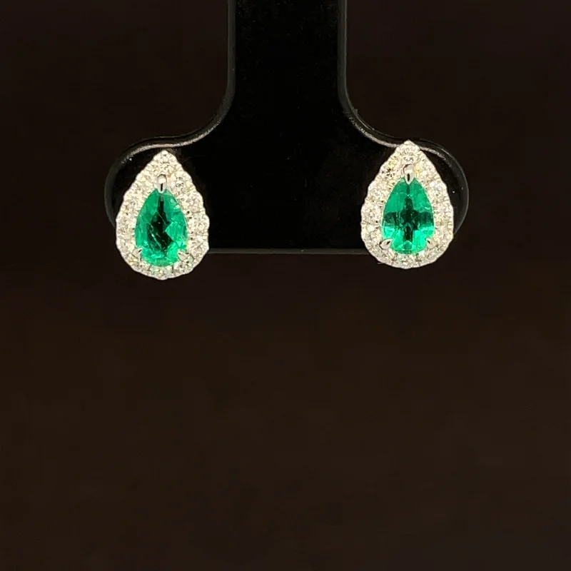 Gorgeous Stud Earrings-Emerald & Diamond 0.68ctw Raindrop Halo Stud Earrings in 18k White Gold - #384 - EREME027790