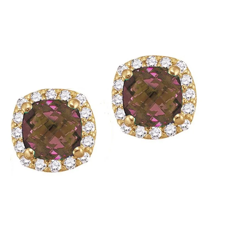 High-End Wedding Earrings-5MM Cushion Alexandrite and White Sapphire Birthstone Halo Stud Earrings in 10KT Yellow Gold