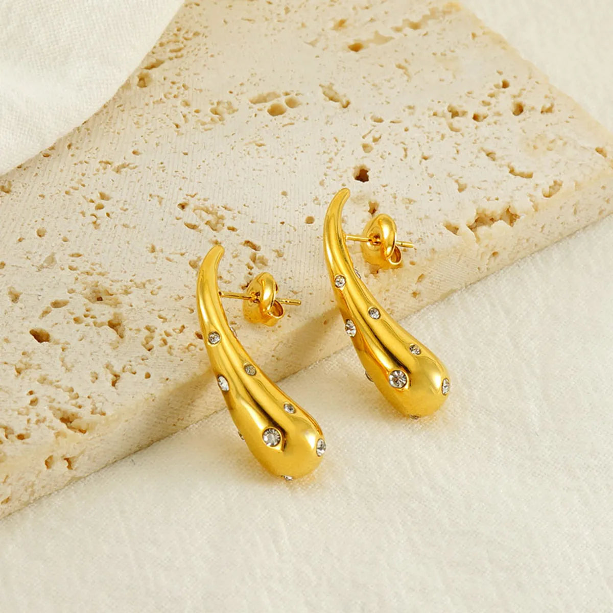 Silver Earrings for Bridesmaids-1 Piece Vintage Style Water Droplets Polishing Plating Inlay Stainless Steel Rhinestones 18k Gold Plated Ear Studs