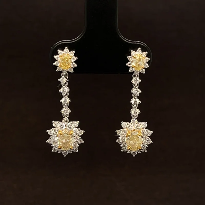 Classic Round Earrings-Fancy Yellow & White Diamond Double Flower Linear Earrings in 18k Two-Tone Gold - #499 - ERDIA353600