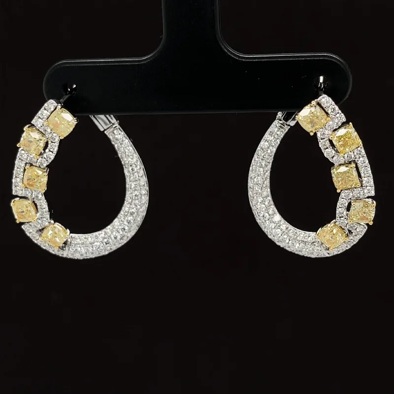 Custom Diamond Earrings-Fancy Yellow & White Diamond 3.14ctw Oblong Oval Hoops in 18k White Gold  -  #284 - ERTOM000048