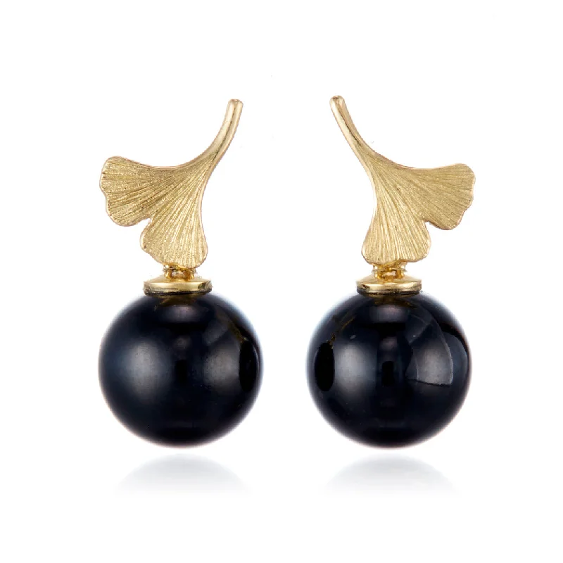 Luxury Bridal Earrings-Ginkgo Black Jade Drop Earrings