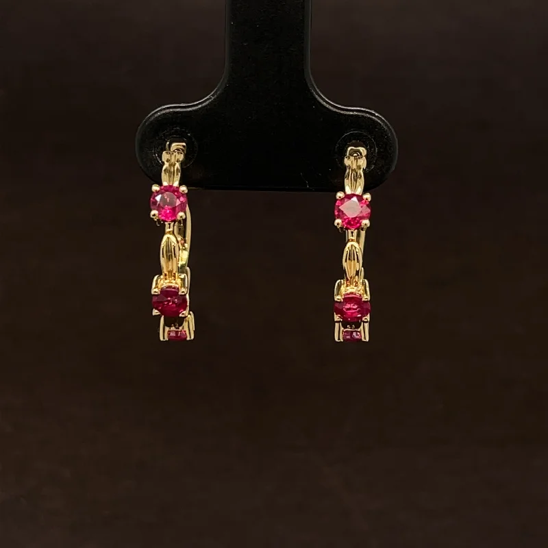 Classic Gold Earrings-Ruby 3-Stone Textured Round Hoop Earrings in 18k Yellow Gold - #511 - ERRUB043046