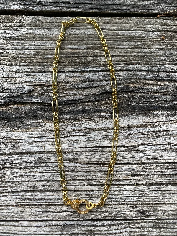 Gold Long/Short Link Chain with Pave Diamond Clasp