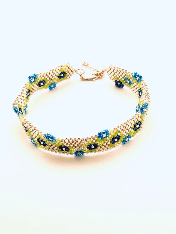 Classic Silver Bangle for Women-Beaded Garland Bracelet, Silver with Blue Flowers